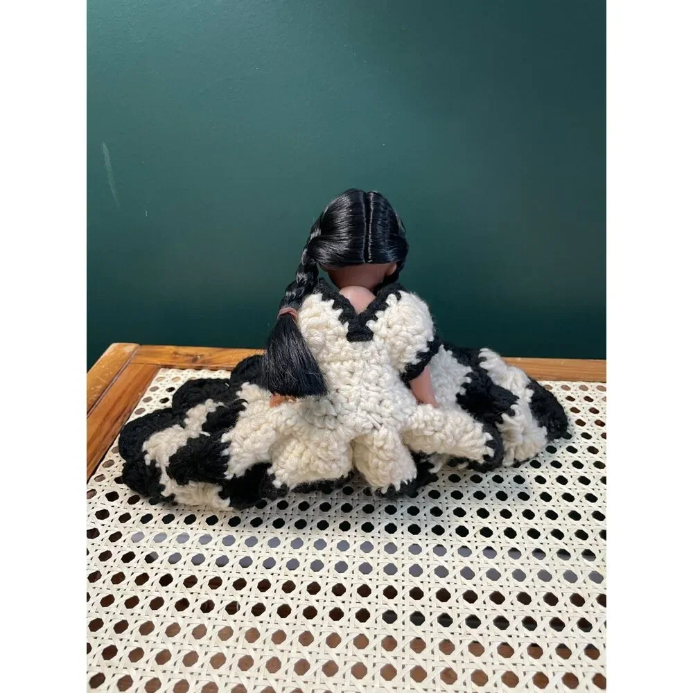 Vintage Doll Handmade Crocheted Black & Cream Dress Long Braids Folk Art Display